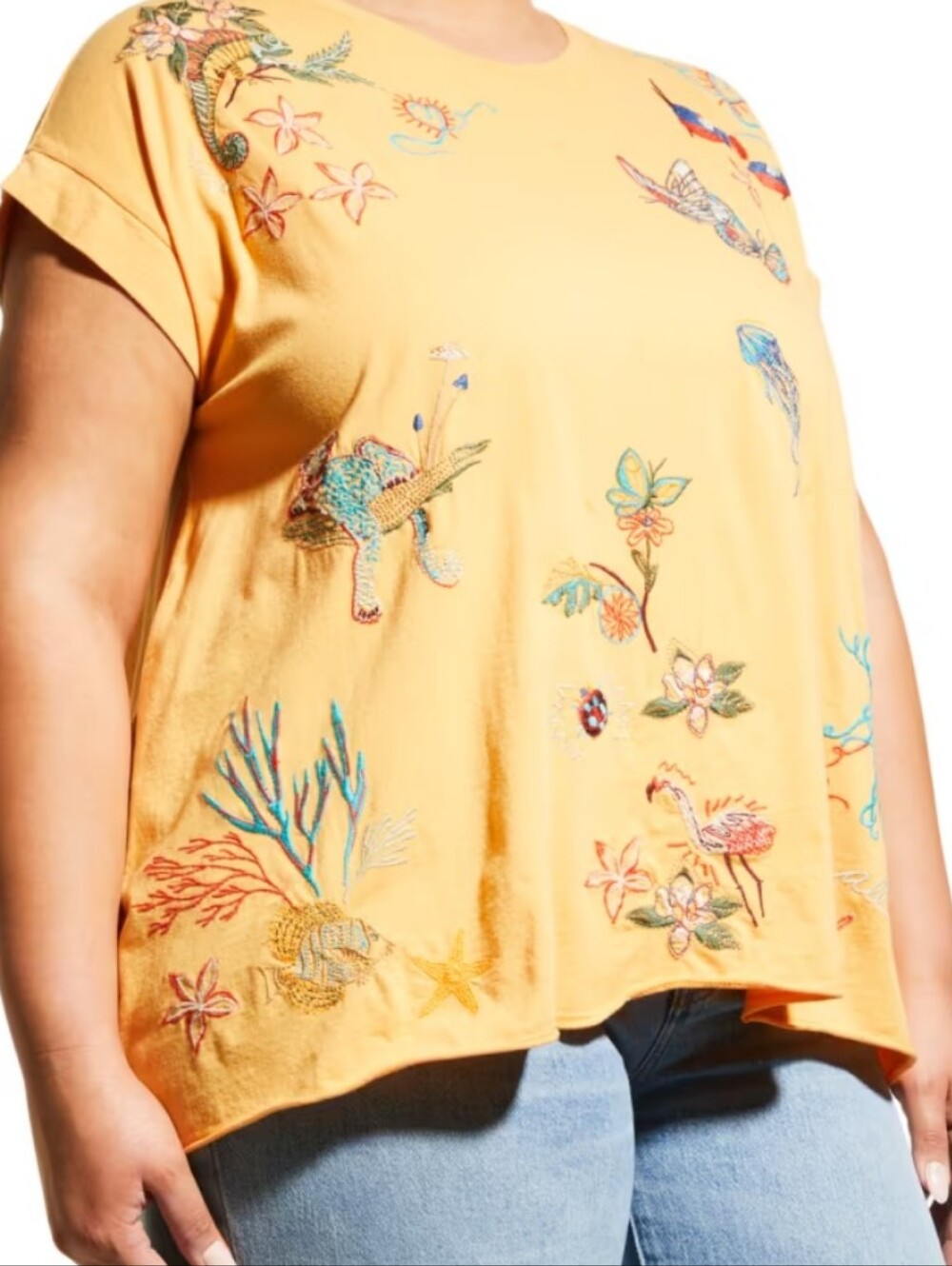 Johnny Was Plus Size Zoe Relaxed Drape Tee - Yellow Floral Embroidery